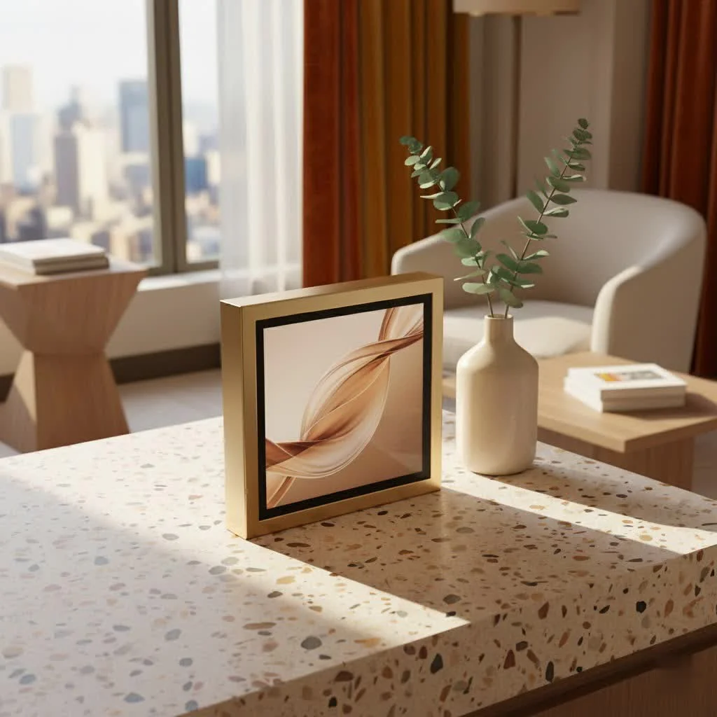 Modern living room with a large wall-mounted digital photo frame displaying a vibrant landscape