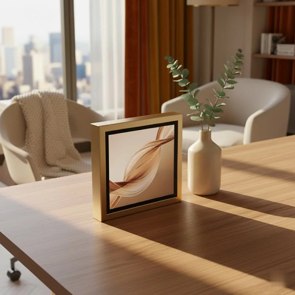 Digital photo frame displaying a family photo