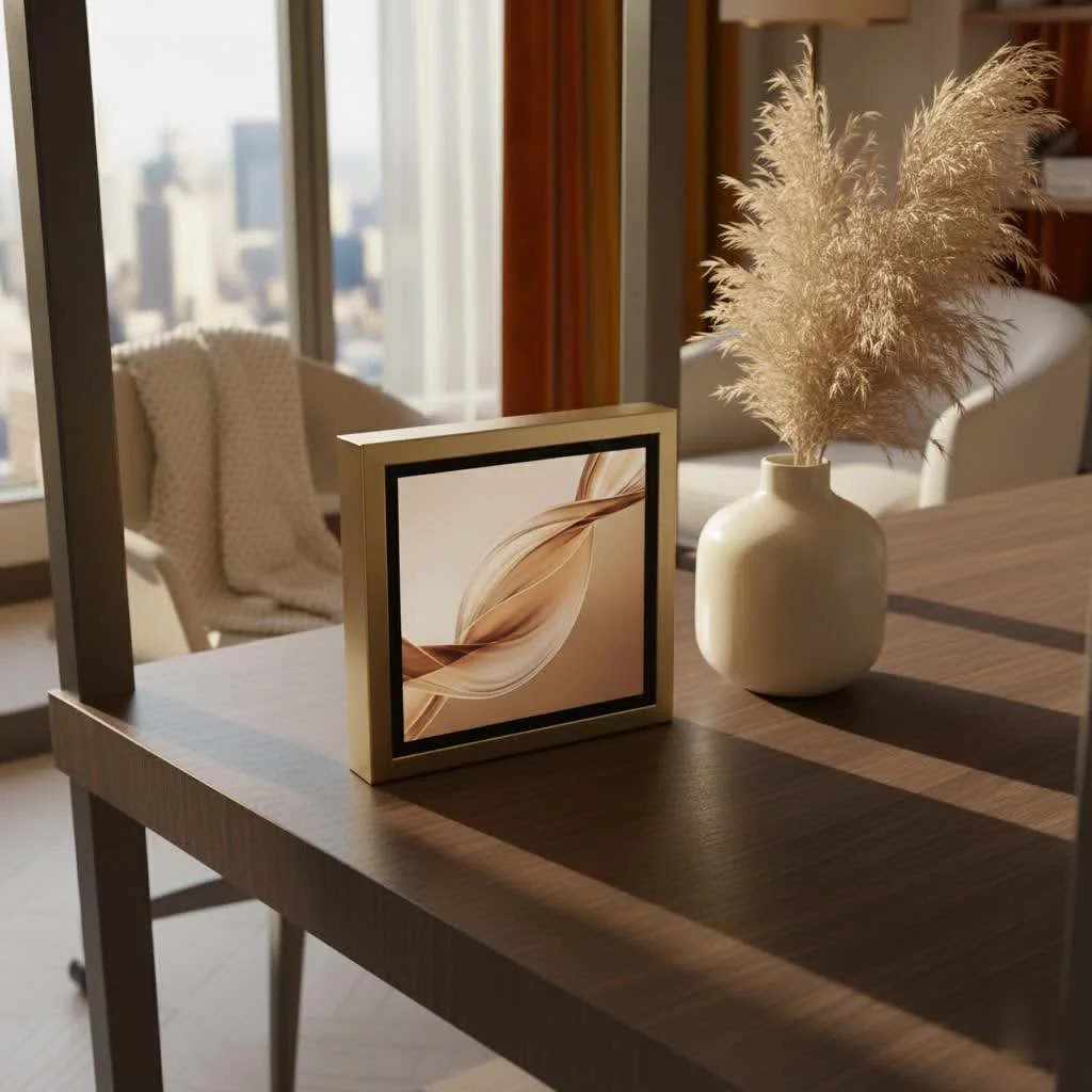 Large 32-inch digital picture frame displaying a vibrant landscape