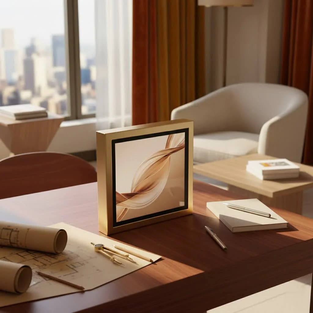Large digital photo frame displaying a vibrant family photo