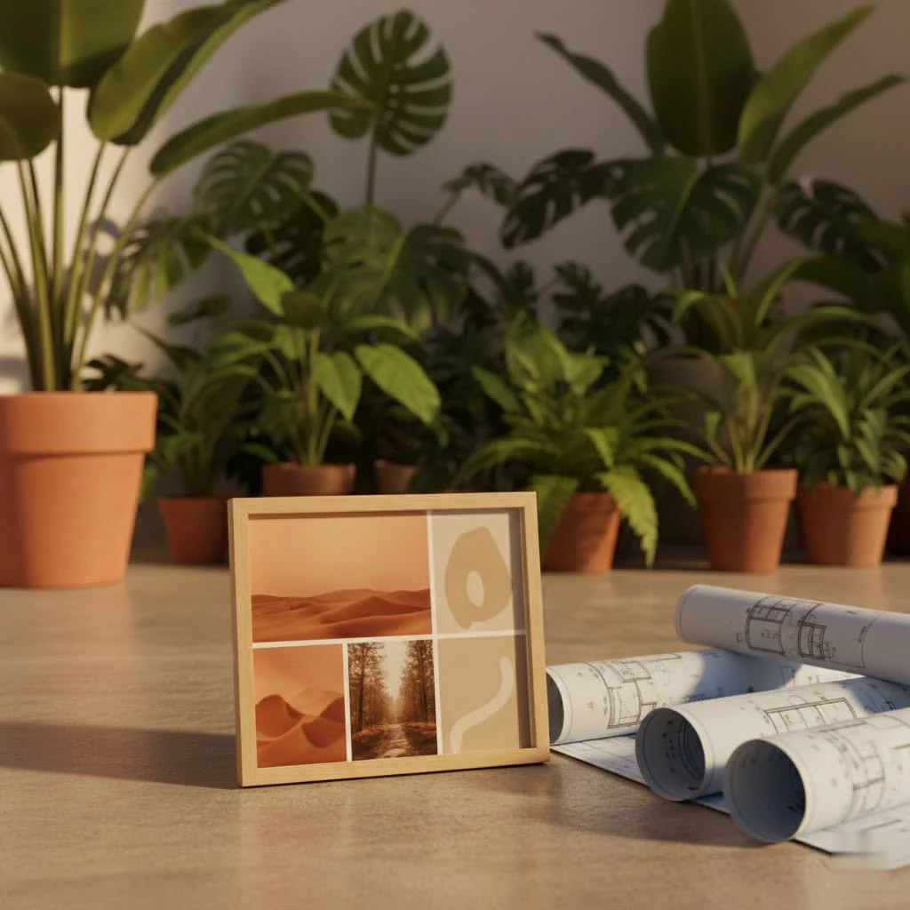 Digital picture frame mounted on a wall displaying a scenic landscape