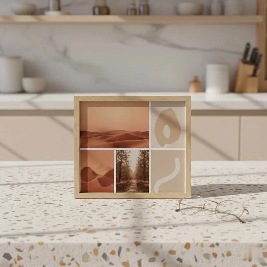 Digital wall frame displaying family photos in a modern living room