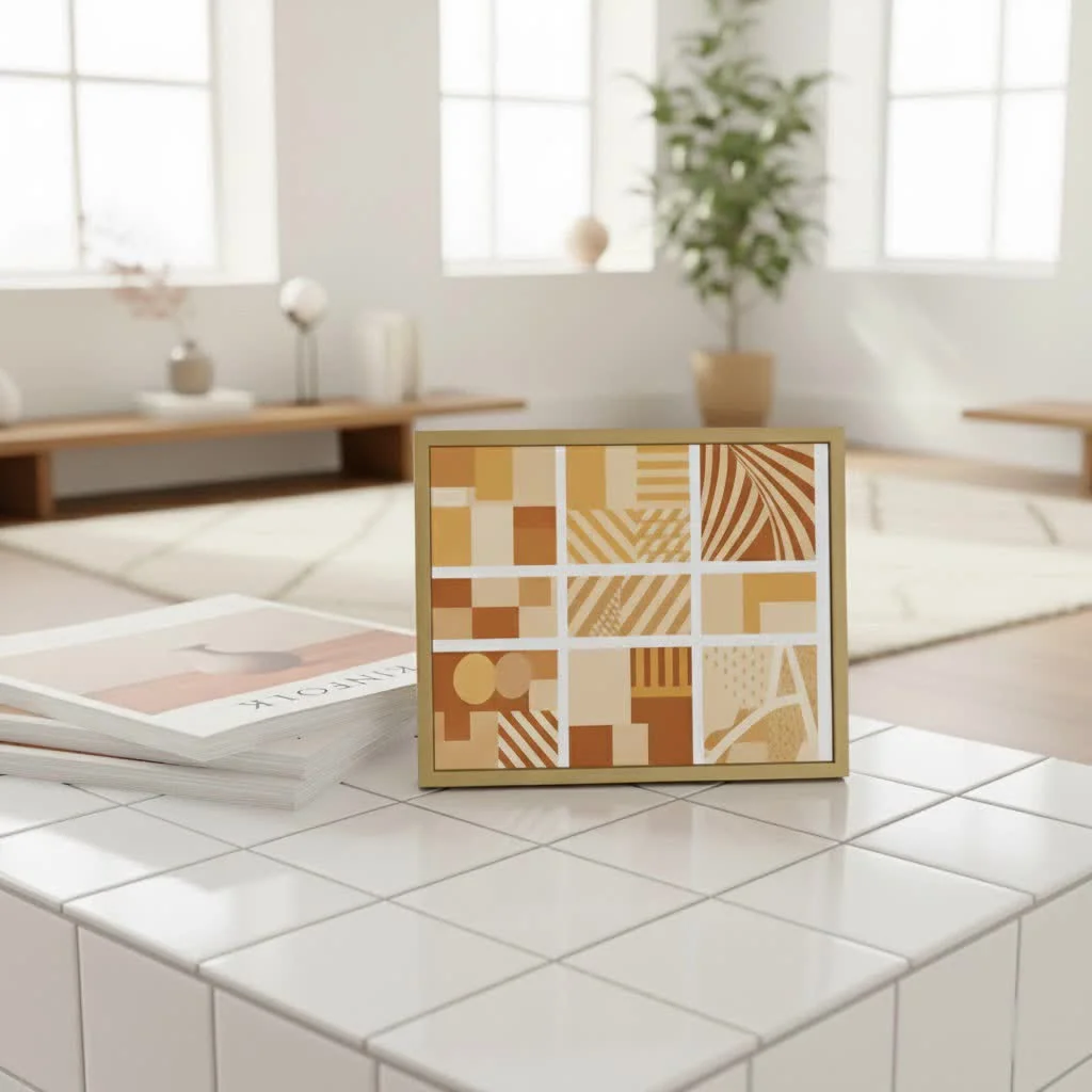 Digital picture frame displaying family photos on a living room wall