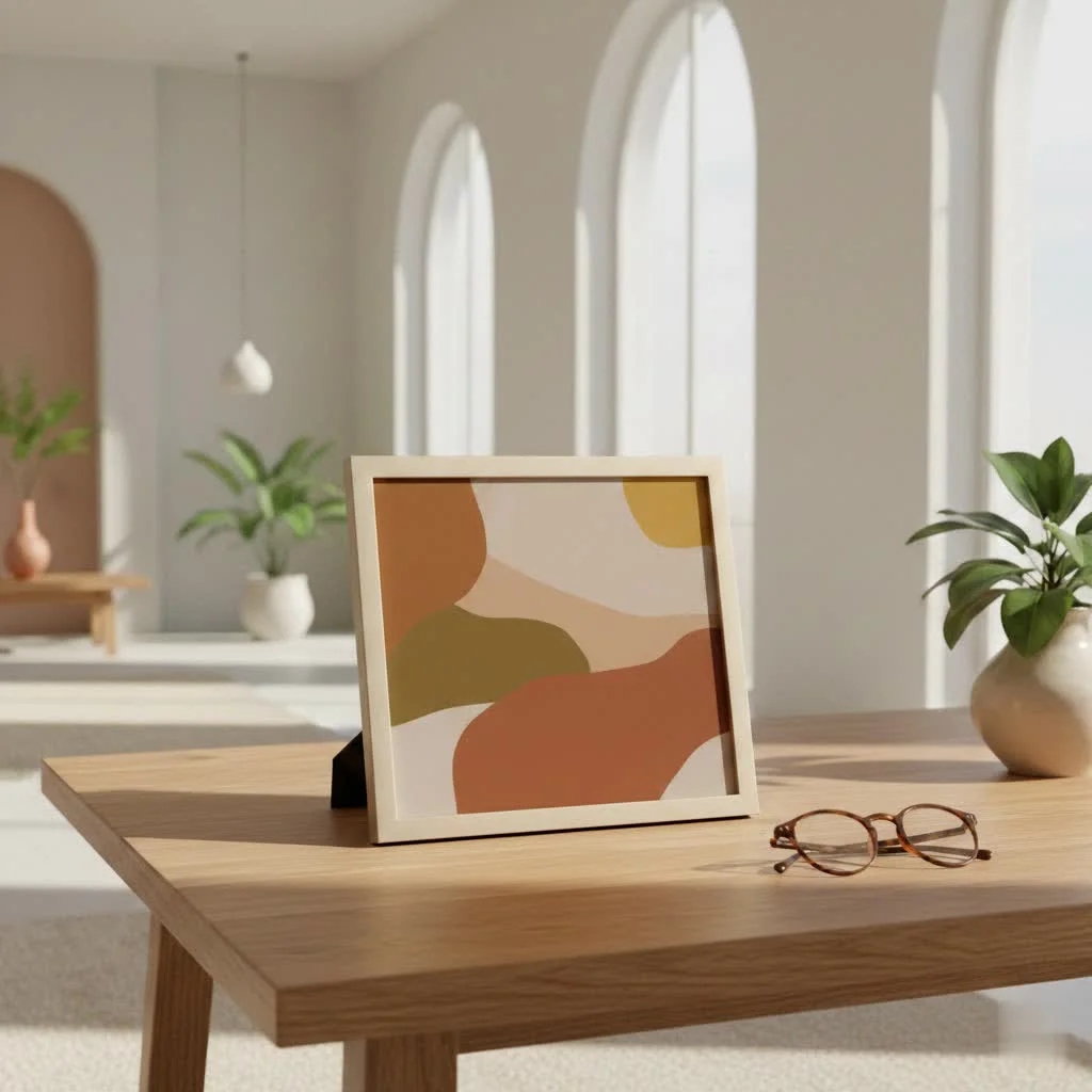 Digital picture frame displaying family photos on a wooden table